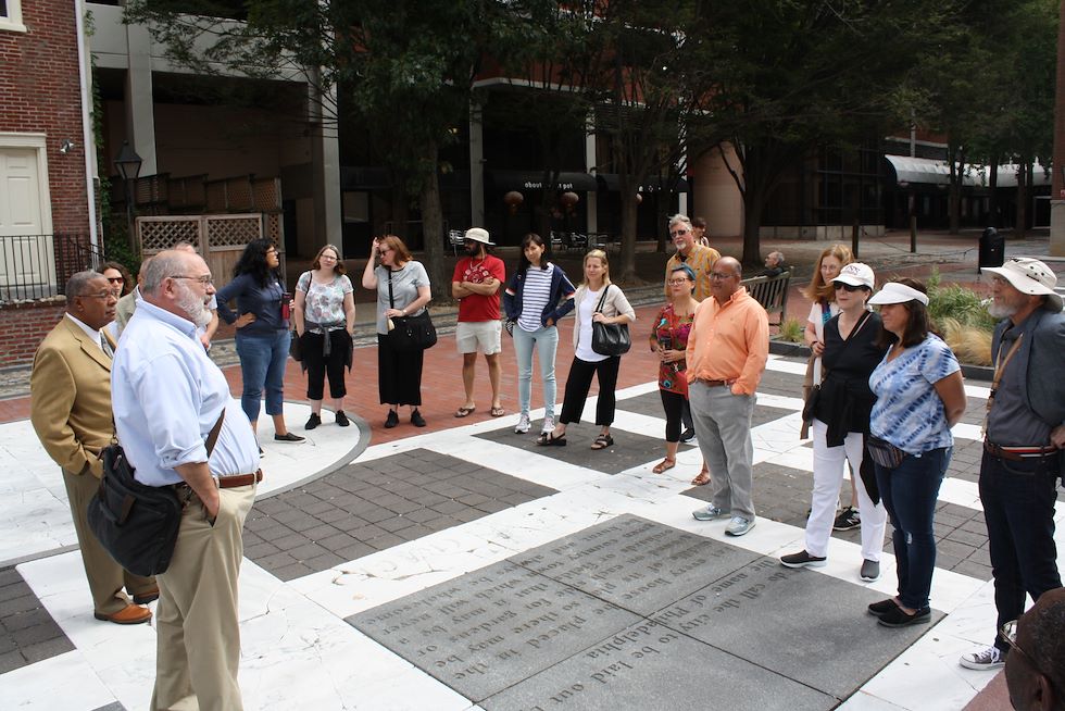 Dr. George Boudreau leads a tour through Philadelphia.