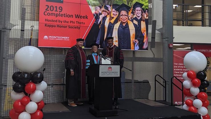 As part of Completion Week, Montgomery County Commissioner Vice Chair Ken Lawrence, Jr. received his associate’s degree from Montgomery County Community College from Interim President and Provost Dr. Victoria Bastecki-Perez and MCCC Board of Trustees Chair Frank X. Custer.