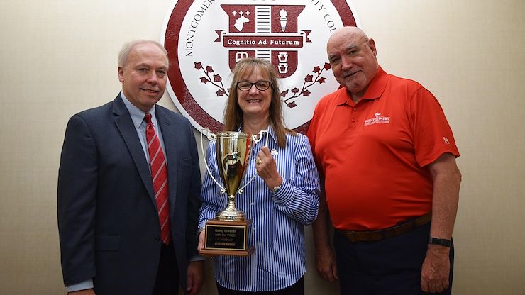 Office Depot presents Montgomery County Community College with the 2018 Green Spend Award. From left, Vice President for Finance and Administration Charles Somers, Interim President and Provost Dr. Victoria Bastecki-Perez and MCCC Board of Trustees Chair Frank X. Custer.