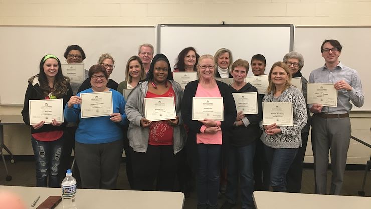 Thirteen students recently graduated from Montgomery County Community College’s Medical Billing Specialist program. Back row, from left: Deb Johnson, MCCC’s Director of Workforce Development Bernadette DeBias, Meredith Whomsley, MCCC Instructor Michael Duffy, Maureen Ruf, Nancy Yarzabek, Lydia Espaillat, Teri McClintok and Matthew Angney. Front row, from left: Erin Petruska, Annemarie Sorontino, Katrina Greene, Judith Sursa, Deb Dearden and Karen Buchhalter.