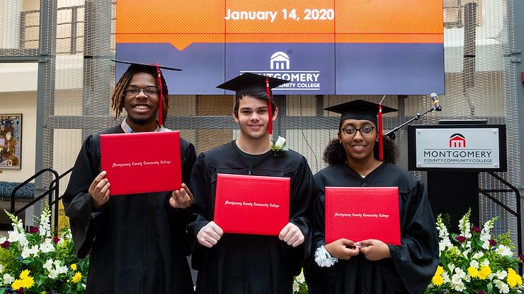 Three students (from left), Solomon Wilson, Max Biagini and Nya Zenquis, recently received their high school diplomas through Montgomery County Community College’s Gateway to College Program, which enables students to stay on track to finish their high school requirements. Photo by Susan Angstadt