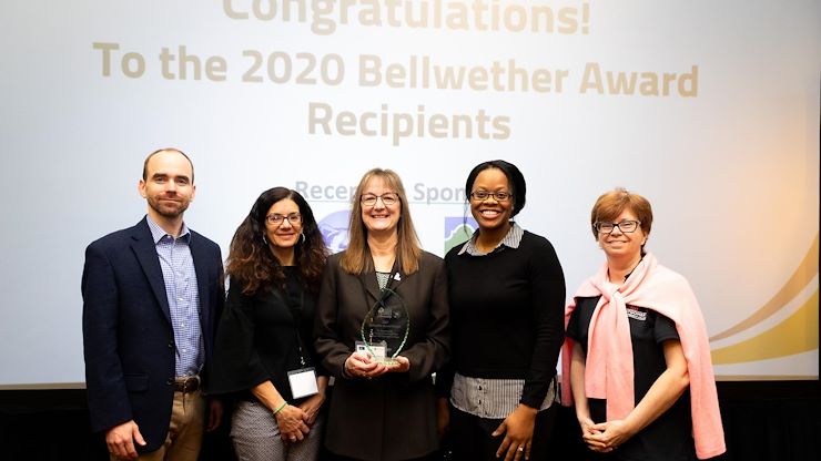 Montgomery County Community College was one of the 10 finalists for the Bellwether Award in the Planning, Governance & Finance category. From left: Dr. David Kowalski, Associate Vice President of Institutional Effectiveness and Strategy; Victoria Vetro, English Assistant Professor; Dr. Victoria Bastecki-Perez, Interim President and Provost; Dr. Gloria Oikelome, Interim Vice President of Academic Affairs/Dean of Health Sciences; and Dr. Kendall Martin, Computer Science Professor. Photo courtesy of Alamo Colleges District.
