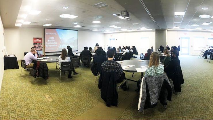 Montgomery County Community College Board of Trustee member Varsovia Fernandez talks to students about developing leadership skills.