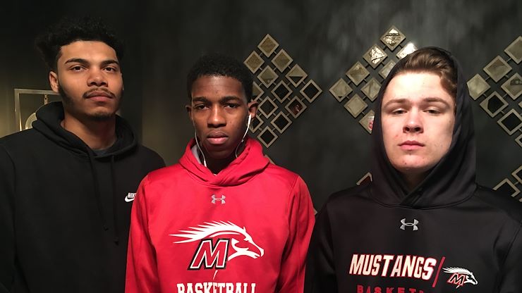 From left, Mustangs men's basketball players Cameron Reid, Ryan Black and Seth Compas. Reid earned the 2019-20 Region XIX's Most Outstanding Player Honors.