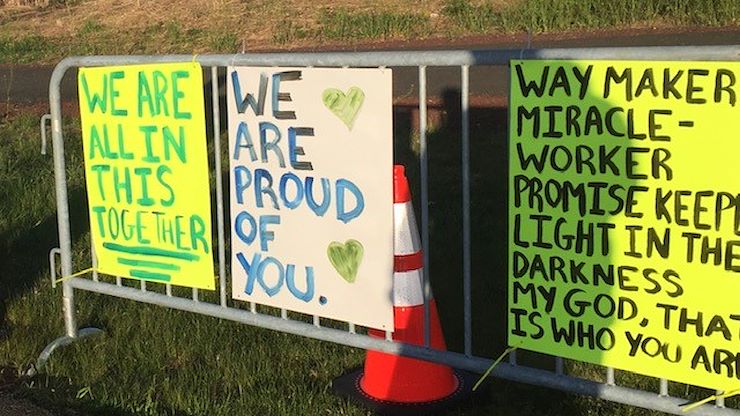 Members of Campus Crusade for Christ (CRU) made signs with positive messages for the COVID-19 testing center at MCCC's Central Campus in Blue Bell.