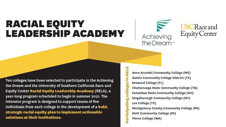 Montgomery County Community College is among 10 colleges selected by Achieving the Dream and USC Race and Equity Center for the new Racial Equity Leadership Academy that will develop a strategic racial equity plan to implement actionable solutions.