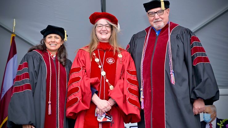 Dr. Victoria L. Bastecki-Perez was sworn in as the sixth president of Montgomery County Community College on April 16 during a drive-in ceremony at the Blue Bell Campus. From left: Varsovia Fernandez, assistant secretary, MCCC Board of Trustees; Dr. Victoria L. Bastecki-Perez, MCCC president; and Frank X. Custer, chair, MCCC Board of Trustees. Photo by David DeBalko