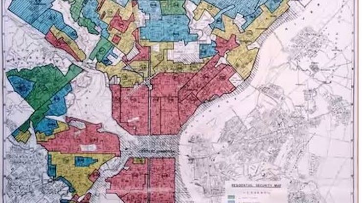 A map of the Philadelphia region showing the red-lined areas that discriminated against minorities from purchasing property in the early to mid-20th century.