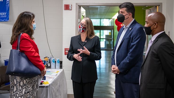 Pennsylvania Department of Education Executive Deputy Secretary Dr. Deb Carrera visited Montgomery County Community College's vaccine clinic in Pottstown to support and encourage vaccinations. From left, Dr. Carrera, MCCC President Dr. Victoria Bastecki-Perez, State Rep. Joe Ciresi and State Rep. Napoleon Nelson. Photo by Susan Angstadt