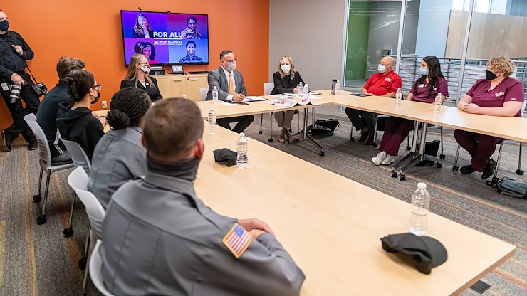 U.S. Secretary of Education Miguel Cardona and Congresswoman Madeleine Dean visit with students at Montgomery County Community College to hear about their positive experiences at the college. They also toured MCCC's Health Sciences Center during their visit on Sept. 7. Photos by Sandi Yanisko