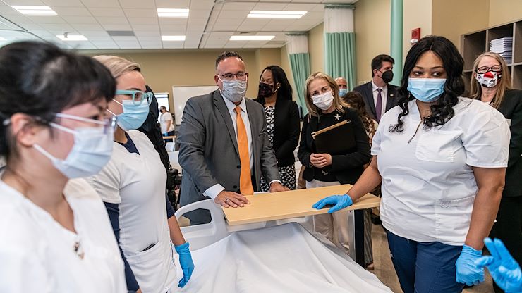 People touring classrooms