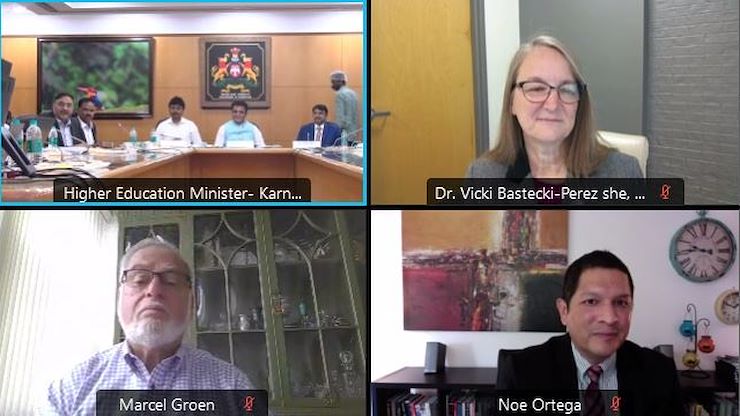 Officials from the Government of Karnataka, India (top, left), met virtually via WebEx with Montgomery County Community College President Dr. Victoria L. Bastecki-Perez (top, right) and MCCC Board of Trustees Treasurer Marcel L. Groen, Esquire (bottom, left), and Pennsylvania Department of Education Secretary Noe Ortega (bottom, right) to celebrate a new educational partnership in which students in India can take online and on-campus courses for MCCC’s Tourism and Hospitality Management Associate Degree Program. Image courtesy of MCCC