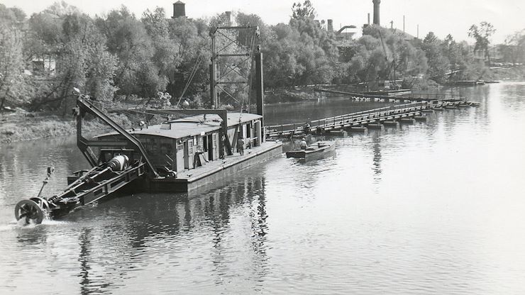 This photograph from the Schuylkill River clean-up collection shows a cleaning barge that was used to clear out the culm, or mining waste, from the river in 1947-1951.