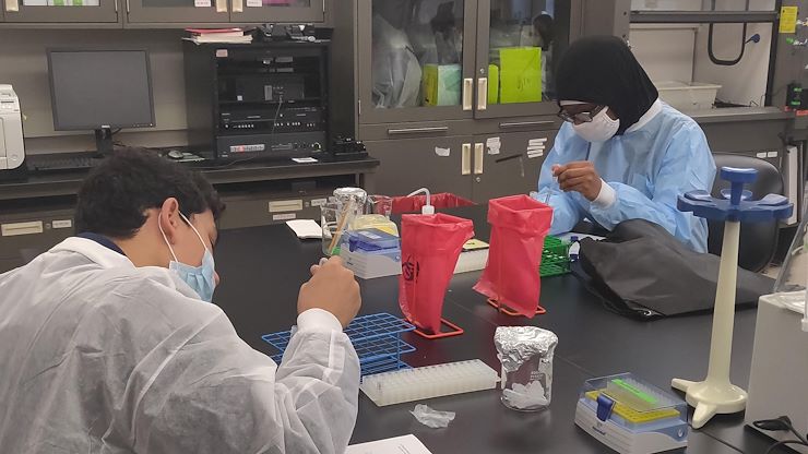 Students in the TRIO Upward Bound Program at Montgomery County Community College visit the College's biotechnology labs and learn how to isolate DNA from their cheek cells. Photo courtesy of TRIO Upward Bound