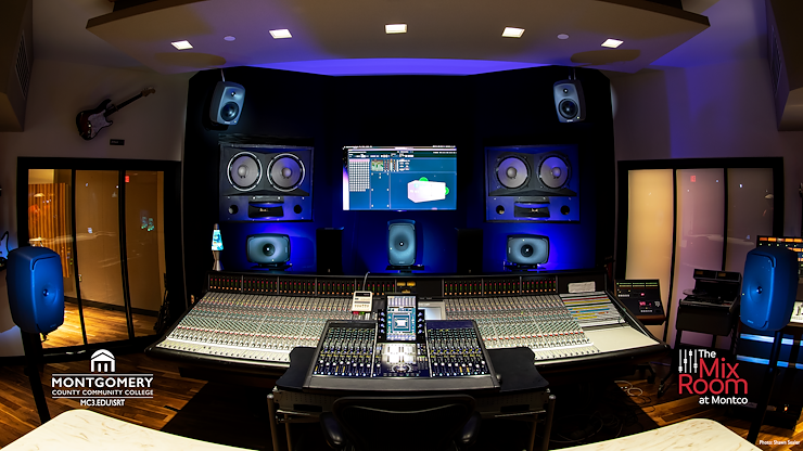 The state-of-the-art studio/mixing suite at Montgomery County Community College, in Blue Bell, featuring a Dolby Atmos® immersive-sound system with an all-Genelec 7.1.4 monitoring array.