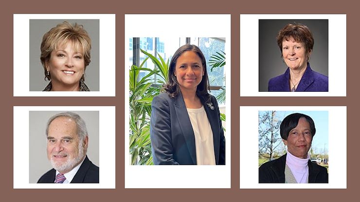 Montgomery County Community College Board of Trustees members elected Varsovia Fernandez of Lower Merion Township as the chair (center), Lisa B. Binder of Whitpain Township as vice-chair (top left), Marcel L. Groen of Abington Township as treasurer (bottom left), Theresa M. Reilly of Abington Township as secretary (top right) and Margot Clark of the Borough of Hatboro as assistant secretary (bottom right).