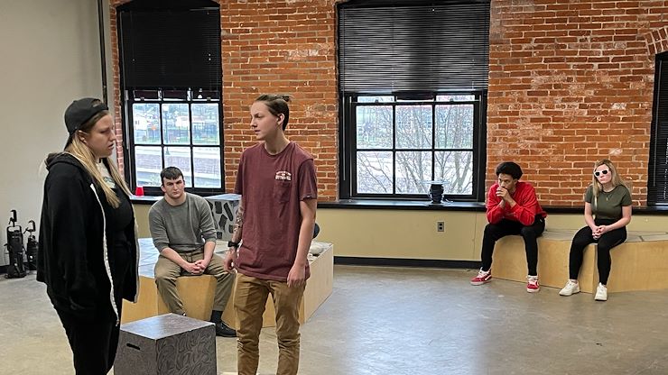 Students in the West End Student Theatre at Pottstown rehearse a scene from "Constellations" at Pottstown Campus. At Blue Bell Campus, students in the The Drama Club at Blue Bell rehearse a scene from "The Government Inspector.” Photos by Diane VanDyke and Eric Devlin.