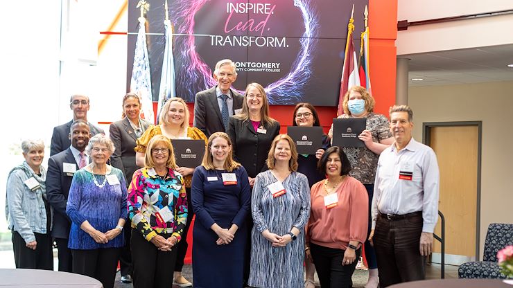 Dr. Victoria L. Bastecki-Perez, President of Montgomery County Community College, stands with donors and recipients of the first presidential scholarships and members of the Foundation Board during a ceremony April 29. Photos by Susan L. Angstadt.