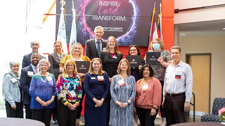 Dr. Victoria L. Bastecki-Perez, President of Montgomery County Community College, stands with donors and recipients of the first presidential scholarships and members of the Foundation Board during a ceremony April 29. Photos by Susan L. Angstadt.