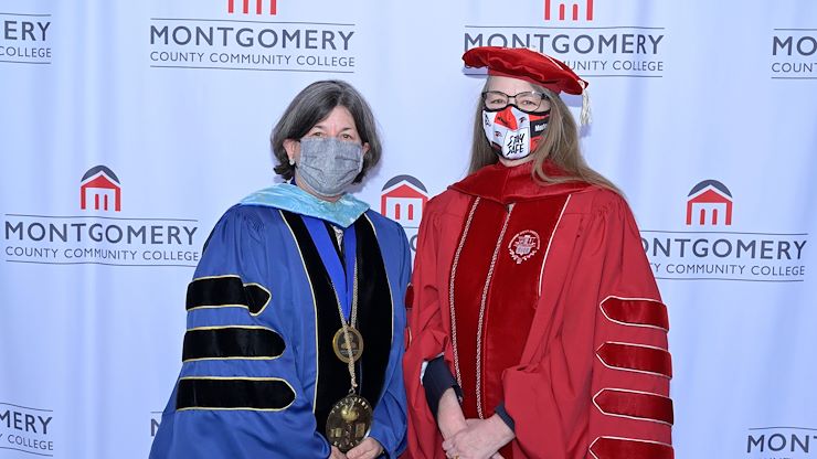 On behalf of Montgomery County Community College and its Board of Trustees, President Victoria Bastecki-Perez congratulates Dr. Karen Stout, President Emerita, on her appointment to the National Council on Humanities. Dr. Stout (left) is pictured with Dr. Bastecki-Perez during Dr. Bastecki-Perez's presidential inauguration ceremony on April 16, 2021. Photo by David DeBalko