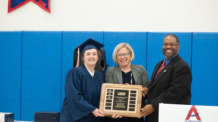 The Anderson School student Sierra Santos, this year's recipient of The Montgomery County Community College Full Tuition Scholarship, stands with The Anderson School Principal Christine Raber and Dr. Samuel Coleman, MCCC Dean of Students. Photo courtesy of Christine Raber.