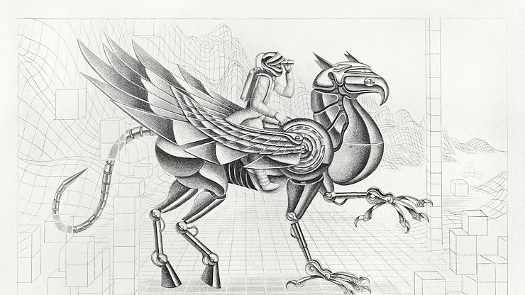 More than 40 of Armando Veve's original drawings, process sketches and objects will be on view at Montgomery County Community College's Fine Arts Gallery in Blue Bell, Oct. 13 through Jan. 27, 2023. Pictured above is Veve's “Symbiosis in Cyberspace,” 2019, graphite on paper, 13.5” x 8.375." Below is his “The Wolf and the Lamb,” 2021, graphite, watercolor, colored pencil, and ink on paper, 11" x 14."