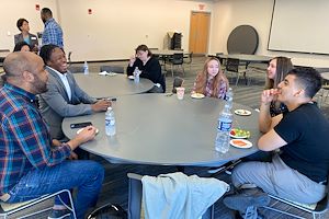 Brian Jones of W.W. Smith chats with students. 