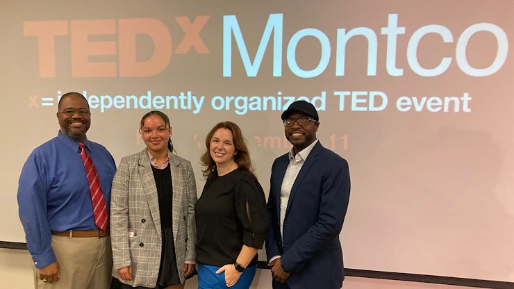 Computer Science student Alyssa Long, Medical Assisting Assistant Professor Shauna LaMagna, Math Assistant Professor Dr. Durrell Jones and Dean of Students Dr. Samuel Coleman each gave short, and thought-provoking presentations during the first-ever TEDxMontco. Photo by Eric Devlin.