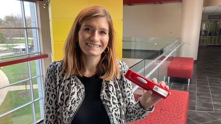 Montgomery County Community College’s Manager of Digital Usability Angela Cavaliere won the Red Stapler Award for Best in Track for Educational Tools and Strategies at the 2022 High End Web Conference. Photo by Eric Devlin