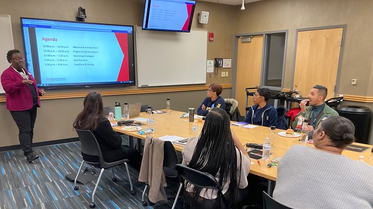 Angela Scott Ferencin, MCCC Student Support Programs Manager, discusses the Act 101 Scholars Program during a collaboration meeting with representatives from seven area two and four-year colleges and universities. Photo by Eric Devlin.