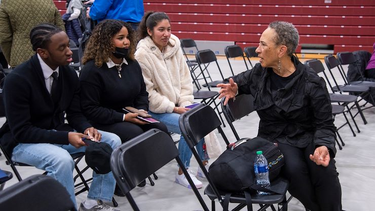 Lorene Cary chatting with students