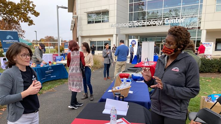 Takisha Mundy, Director of Career & Alumni Engagement, interacts with last spring's small business expo attendees. This year's Student and Alumni Small Business Expo will allow entrepreneurs to promote their products and services on campus for free. Photo by Eric Devlin.