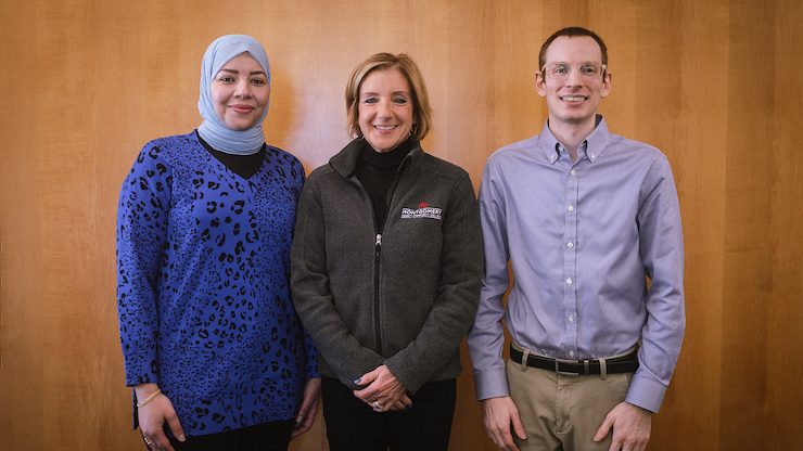 Montgomery County Community College's Enterprise Customer Relationship Management (CRM) team (from left), Marwa Dwidar, CRM Systems Specialist; Mary Beaver, Director of Enterprise Software Systems; and Andrew Rosner, Lead Software Developer, recently received the national Tambellini Technology Leadership Award. Photo by Kristen Jensen