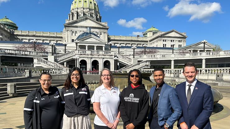 MCCC students Dani Arcos Narvaez, Katelyn Durst, Mercy Ifiegbu and Kmar Teagle, along with MCCC President Dr. Victoria L. Bastecki-Perez and Director of Government and External Relations Michael Bettinger visited lawmakers in Harrisburg on Community College Day April 24. Photos by Eric Devlin.