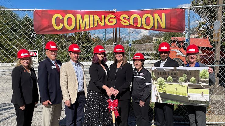 Montgomery County Community College started construction on the North Hall parking lot on Oct. 24 to transform it into a green space for students and the community. From left, Peggy Lee Clark, Executive Director, Pottstown Area Economic Development; Dan Weand, President, Pottstown Borough Council; Justin Keller, Pottstown Borough Manager; Stephanie A. Henrick, Pottstown Mayor; Dr. Vicki Bastecki-Perez, MCCC President; Dr. Celeste Schwartz, MCCC Vice President of Pottstown Campus, Information Technology & Institutional Effectiveness; Qadim Ghani, MCCC Vice President of Finance; and Amy Auwaerter, MCCC Director of Pottstown Campus Operations. Photo by Diane VanDyke