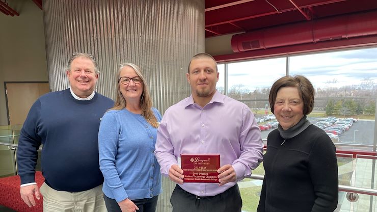 From left, Ray Sweeney, Montgomery County Community College Service Desk Manager; Dr. Victoria L. Bastecki-Perez, MCCC President; and Dr. Celeste Schwartz, MCCC Vice President of Pottstown Campus, Information Technology and Institutional Effectiveness, stand with Drew Dearden, the recipient of the 2023-2024 Terry O’Banion Student Technology Award by The League for Innovation in the Community College. Photo by Diane VanDyke