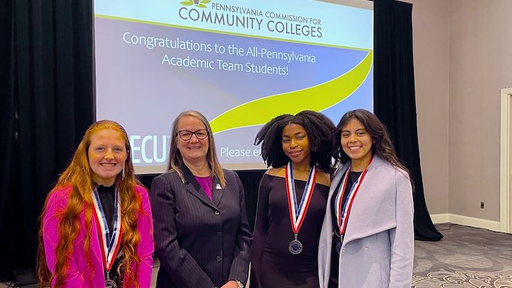 From left, high school Dual Enrollment student Georgia Horosky; Dr. Vicki Bastecki-Perez, Montgomery County Community College President; Computer Science major Mercy Ifiegbu; and Psychology major Dani Arcos Narvaez at the All-Pennsylvania Academic award ceremony in Harrisburg, Pa. The students were named to the All-Pennsylvania Academic Team. Photo by Diane VanDyke