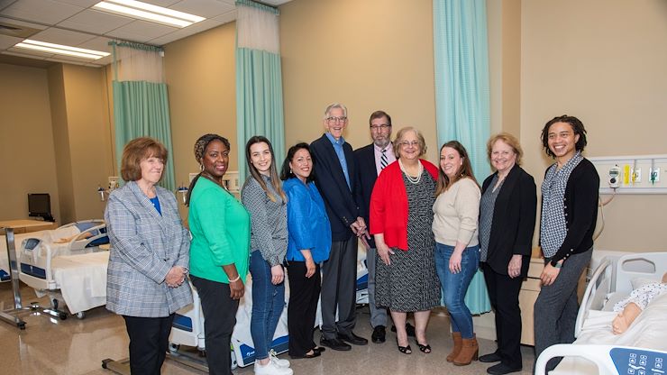 From left: Judy David-Radich, Temporary Director of Nursing; Tammi Britt, Assistant Director of Nursing; Djazia Aissiouene, Dr. Stuart H. & Sandra K. Fine Nursing Scholars Annual and Endowment Scholarship recipient; Traci Connelly Goidas, Director of Development, Major & Planned Giving; Joe Gallagher, MCCC Foundation Board Chair; Dr. Stuart H. Fine; Sandra K. Fine; Kellie Sirianni, Dr. Stuart H. & Sandra K. Fine Nursing Scholars Annual and Endowment Scholarship recipient; Elizabeth Keene, Nursing Assistant Professor; and Dr. Isabelle Porter, Temporary Dean of Health Sciences. Photo by Linda Johnson