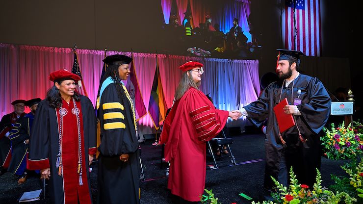 Statewide, the Pennsylvania Commission for Community Colleges celebrated 7,530 students who graduated from the state’s 15 community colleges. Nearly 18% of those graduates attended MCCC. From left, Varsovia Fernandez, Chair of MCCC Board of Trustees; Dr. Chae Sweet, MCCC Vice President of Academic Affairs and Provost; Dr. Victoria Bastecki-Perez, MCCC President; and 2024 graduate. Photo by David DeBalko