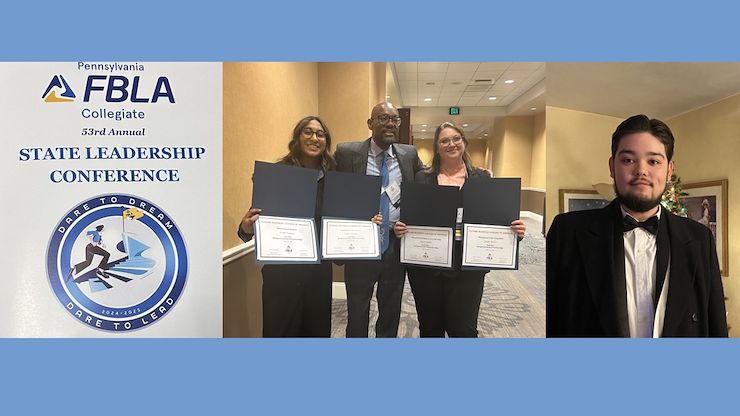 Montgomery County Community College’s Phi Beta Lambda (PBL) chapter of the Future Business Leaders of America President Hannah Slade, Management Assistant Professor Damon Gray, PBL advisor, and Business Administration major Sloane Harker (center) hold the awards earned during the Pennsylvania Future Business Leaders of America 53rd annual Collegiate State Leadership Conference competition in Harrisburg. Emilio Siguenza (right) placed first in the International Business and Foundations of Economics category competitions. Harker placed second in the Organizational Behavior and Leadership competition and third in the Management Case competition.