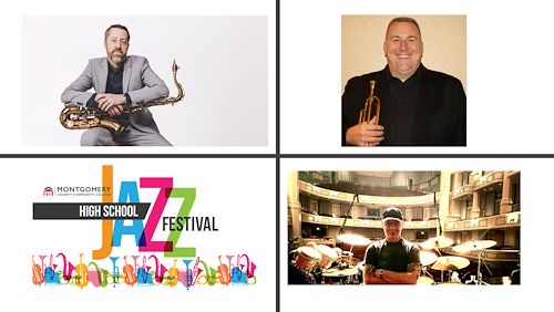 Montgomery County Community College will host a high school jazz festival. The image contains portaits of the three professional musicians who will be in attendance. One is holding a saxophone, the other a trumpet and the third standing on stage in a theater in front of a drumset. 