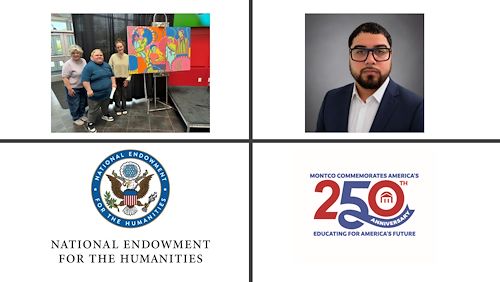 Four images on one slide. The first shows two students and an administrator standing next to a painting. The next is a portrait of a student. There are also graphics for the National Endowment for the Humanities and Montco's 250th anniversary commemoration.