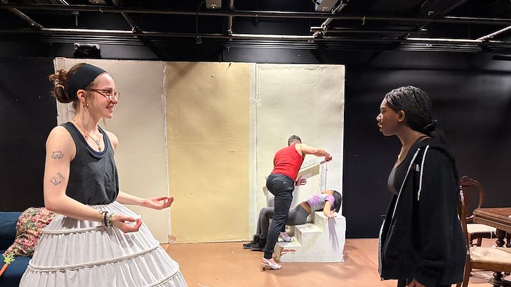 From left: Hannah Redding-Gurczynski, Steve Belskie, Mya Smith and Medhin El rehearse a scene from “Fairview.” Montgomery County Community College Theatre Arts and the Drama Club present the spring student production April 16-19 on the Blue Bell Campus. Photo by Eric Devlin
