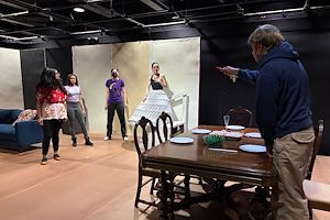 From left: Opal Goodwin, Mya Smith, Haven Kortz, Hannah Redding-Gurczynski and Wyatt LaMent rehearse a scene from “Fairview.” 