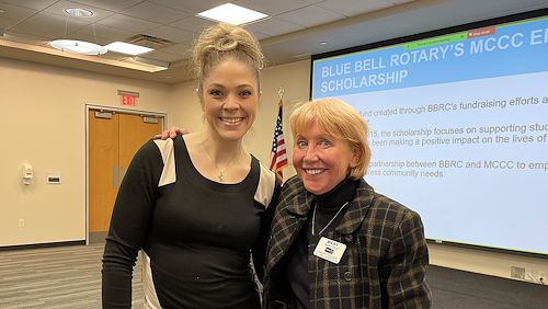 MCCC student Susie Delp thanks Rotary Club President Mary Vila for scholarship