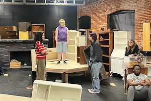 Alex Voss, Patrick Kovach, Nayla Garcia, Autumn Sherry, Star Gies, Chrissy McGuinness and Juleon Gibson rehearse a scene from “The Library at the End of the World” 