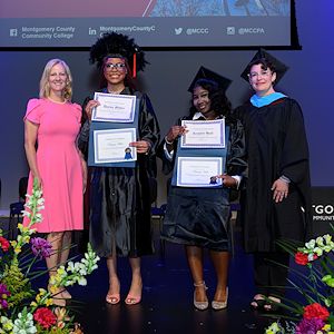 From left, Suzanne S. Ryan, External Affairs Manager, PECO, and Vice Chair of the Montgomery County Community College (PA) Legacy Fund, stands with the PECO Rising Stars Award recipients Dayna Miller and Kimoni Hall, along with Michelle Kulla, Gateway Program Manager.