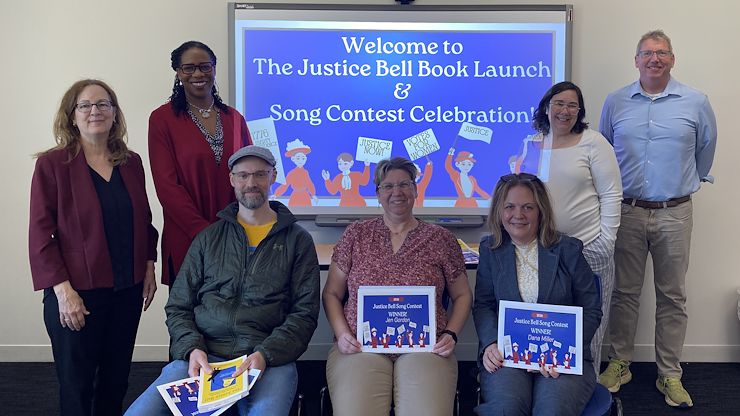 From left: Amanda Owen, Dr. Chae Sweet, Brian Hopely, Jen Gordon, Dana Miller, Nicole Miron Maugle and Lawrence Greene at the 2026 Justice Bell Song Contest award ceremony. Photo by Taylor Hedner