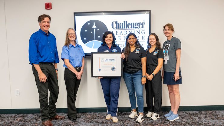 Mike Kincaid, President and Executive Director of Challenger Center, together with Dr. Vicki Bastecki-Perez, MCCC President, presented the Challenger-7 Recognition award to Janet’s Planet Inc., founded by Janet Ivey-Duensing. This national honor celebrates organizations whose work reflects the spirit, vision, and values of the Space Shuttle Challenger 51-L crew. From left: Mike Kincaid, Challenger Center President/Executive Director; Dr. Vicki Bastecki-Perez, MCCC President; Janet Ivey-Duensing, Janet’s Planet Founder/CEO; Annalise Giuliani, Challenger Learning Center Manager; Anjuli Aker, Challenger Learning Center Program Coordinator; and Elaine Loughnane, Challenger Learning Center Facilitator. Photos by Linda Johnson