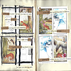 A four-panel page spread features separate drawings of a fox near a tree and a person with blue hair looking down. Text from the book appears over top of the photos.   